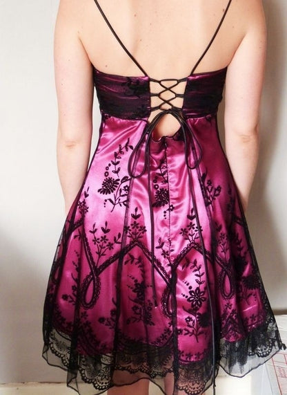 Vintage Black Tulle Lace Pink Satin A-line Birthday Short Skirt Homecoming Dress cc3660