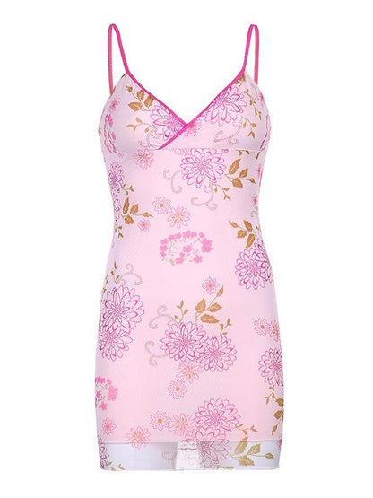Sexy Mesh Pink V-neck Suspender Print Birthday Short Skirt Homecoming Dress cc3664
