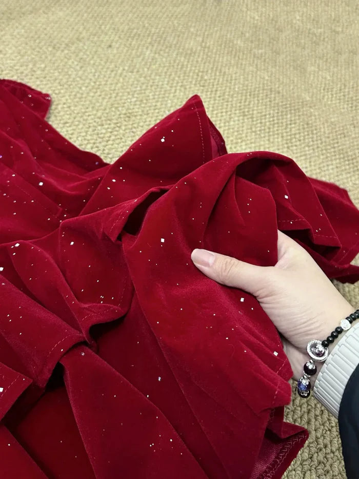 Elegant Burgundy Tube Top Multi-layer Ruffled Shimmering Velvet Birthday Party Homecoming Dress cc4382