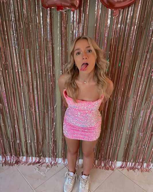 Cute Pink Sequined Tube Top With Back Straps And Hip Wrap 17th Birthday Homecoming Dress cc3666