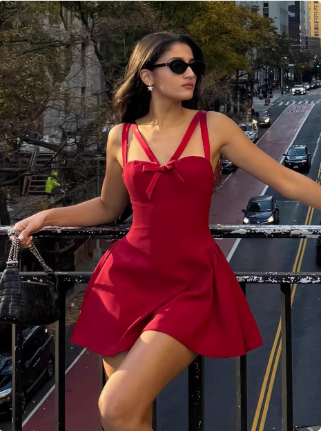 Sweet Bow Strap Red A-line 17th Birthday Short Skirt Homecoming Dress cc3667