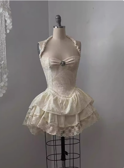 Vintage Jacquard Halter Neck Lace Trim Mini Birthday Skirt Homecoming Dress cc3669