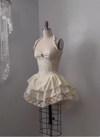 Vintage Jacquard Halter Neck Lace Trim Mini Birthday Skirt Homecoming Dress cc3669