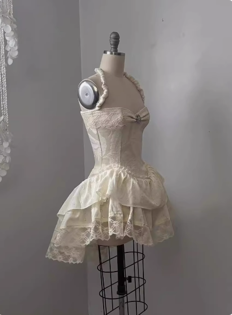 Vintage Jacquard Halter Neck Lace Trim Mini Birthday Skirt Homecoming Dress cc3669