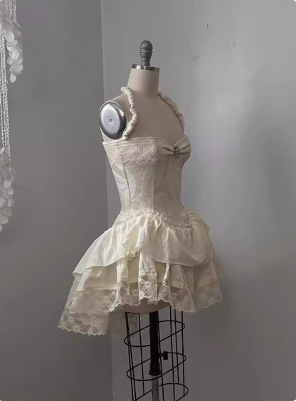 Vintage Jacquard Halter Neck Lace Trim Mini Birthday Skirt Homecoming Dress cc3669
