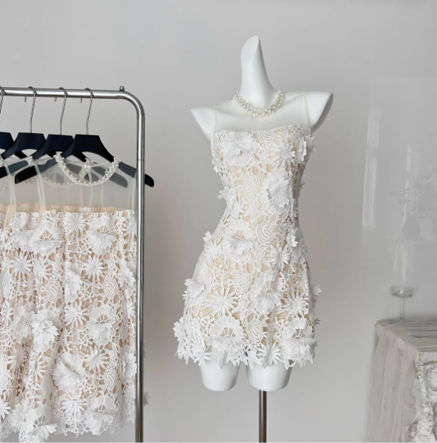 Beautiful Round Neck Mesh Splicing Sleeveless Lace Waist Birthday Skirt Homecoming Dress cc3673