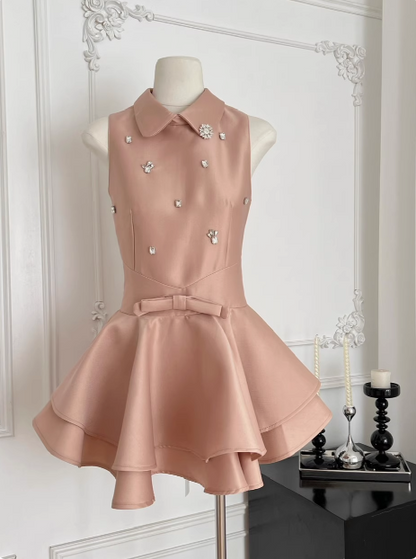 Sweet Sleeveless Studded Diamond Polo Neck Slim Fit Puffy Birthday Short Skirt Homecoming Dress cc3674
