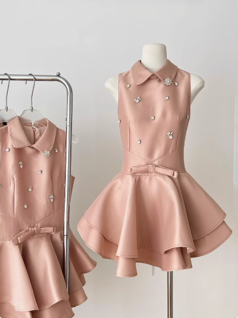 Sweet Sleeveless Studded Diamond Polo Neck Slim Fit Puffy Birthday Short Skirt Homecoming Dress cc3674