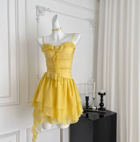 Beautiful Yellow Suspender Flower Irregular Ruffle Chiffon 17th Birthday Short Skirt Homecoming Dress cc3676