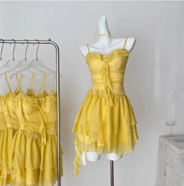 Beautiful Yellow Suspender Flower Irregular Ruffle Chiffon 17th Birthday Short Skirt Homecoming Dress cc3676