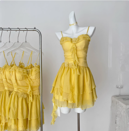 Beautiful Yellow Suspender Flower Irregular Ruffle Chiffon 17th Birthday Short Skirt Homecoming Dress cc3676