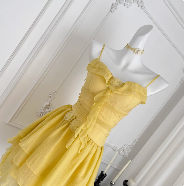 Beautiful Yellow Suspender Flower Irregular Ruffle Chiffon 17th Birthday Short Skirt Homecoming Dress cc3676