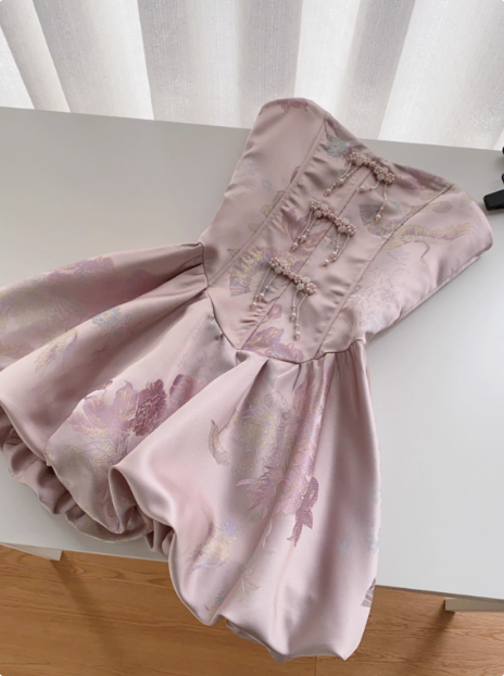 Sweet French Beaded Button Sleeveless Tube Top Jacquard Birthday Short Skirt Homecoming Dress cc3677