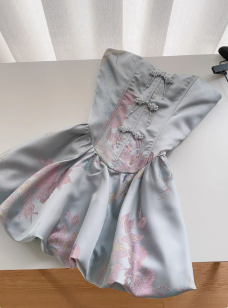 Sweet French Beaded Button Sleeveless Tube Top Jacquard Birthday Short Skirt Homecoming Dress cc3677