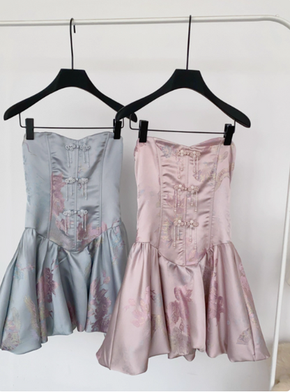 Sweet French Beaded Button Sleeveless Tube Top Jacquard Birthday Short Skirt Homecoming Dress cc3677