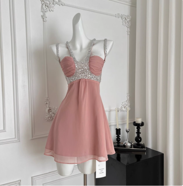 Beautiful Heavy Sequined Halter Neck Suspender Chiffon 17th Birthday Homecoming Dress cc3678