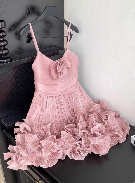 Sweet Suspender Pleated Three-dimensional Flower Ruffle Pink Birthday Skirt Homecoming Dress cc3680