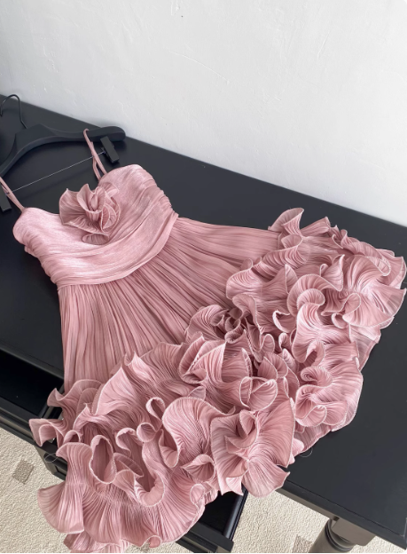 Sweet Suspender Pleated Three-dimensional Flower Ruffle Pink Birthday Skirt Homecoming Dress cc3680