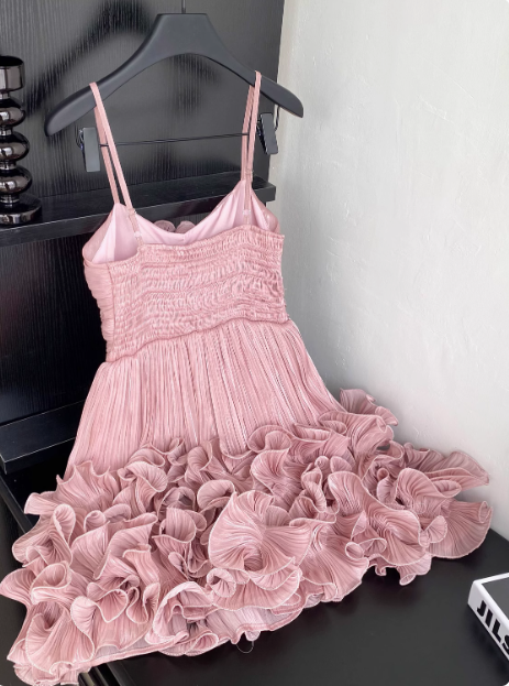 Sweet Suspender Pleated Three-dimensional Flower Ruffle Pink Birthday Skirt Homecoming Dress cc3680