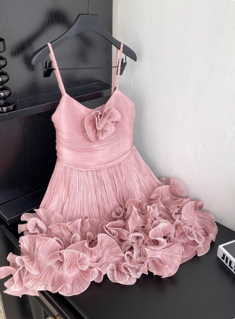 Sweet Suspender Pleated Three-dimensional Flower Ruffle Pink Birthday Skirt Homecoming Dress cc3680