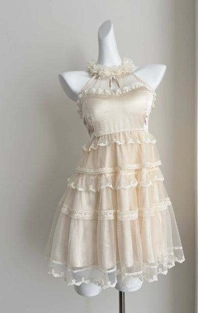 Sweet Three-dimensional Flower Halter Neck Strap Sleeveless Lace Splicing Mesh Cake Birthday Skirt Homecoming Dress cc3681