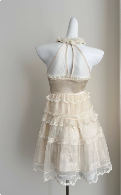 Sweet Three-dimensional Flower Halter Neck Strap Sleeveless Lace Splicing Mesh Cake Birthday Skirt Homecoming Dress cc3681