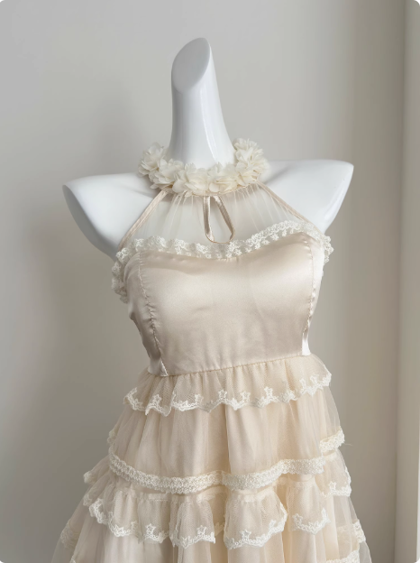 Sweet Three-dimensional Flower Halter Neck Strap Sleeveless Lace Splicing Mesh Cake Birthday Skirt Homecoming Dress cc3681