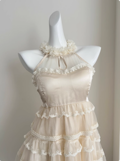 Sweet Three-dimensional Flower Halter Neck Strap Sleeveless Lace Splicing Mesh Cake Birthday Skirt Homecoming Dress cc3681