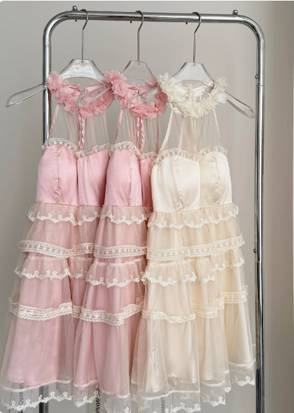 Sweet Three-dimensional Flower Halter Neck Strap Sleeveless Lace Splicing Mesh Cake Birthday Skirt Homecoming Dress cc3681