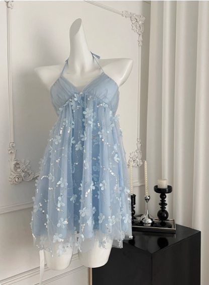 Sweet Light Blue Heavy Sequin Embroidery Three-dimensional Flower Halter Neck Mesh Birthday Short Skirt Homecoming Dress cc3683