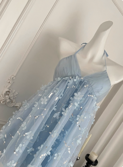 Sweet Light Blue Heavy Sequin Embroidery Three-dimensional Flower Halter Neck Mesh Birthday Short Skirt Homecoming Dress cc3683