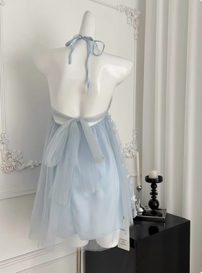 Sweet Light Blue Heavy Sequin Embroidery Three-dimensional Flower Halter Neck Mesh Birthday Short Skirt Homecoming Dress cc3683
