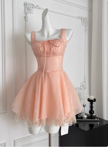 Sweet Suspender Square Neck Tie Mesh Puffy Birthday Skirt Homecoming Dress cc3684