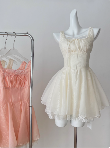 Sweet Suspender Square Neck Tie Mesh Puffy Birthday Skirt Homecoming Dress cc3684