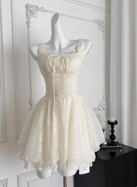 Sweet Suspender Square Neck Tie Mesh Puffy Birthday Skirt Homecoming Dress cc3684