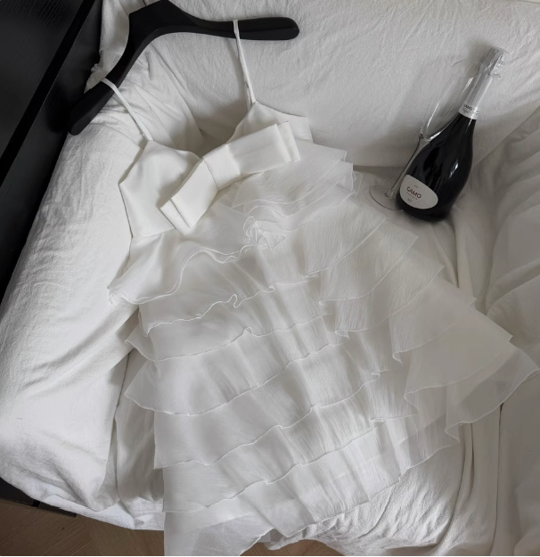 Sweet Bow Stitching Ruffle Sling Cake Birthday Skirt Homecoming Dress cc3685