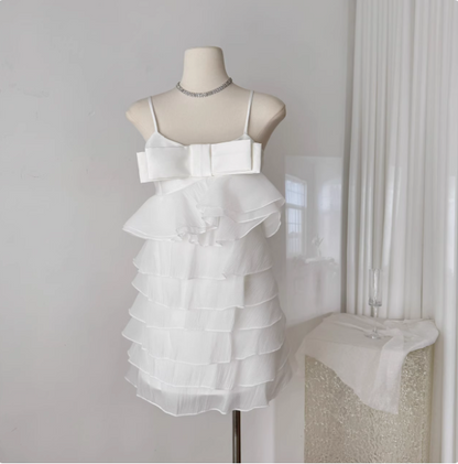 Sweet Bow Stitching Ruffle Sling Cake Birthday Skirt Homecoming Dress cc3685