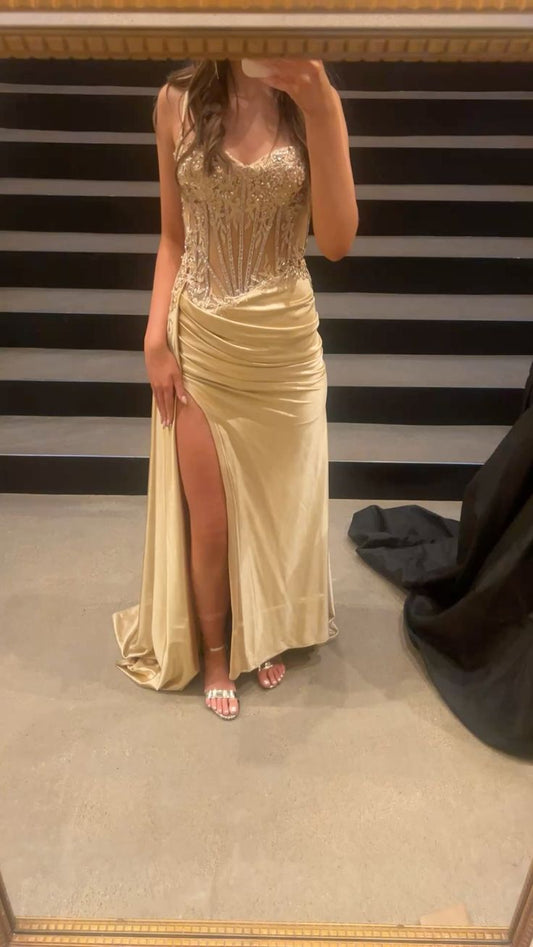 Elegant Champagne Gold Spaghetti Strap Beaded High Slit Satin Long Prom Dress Evening Dress cc5084
