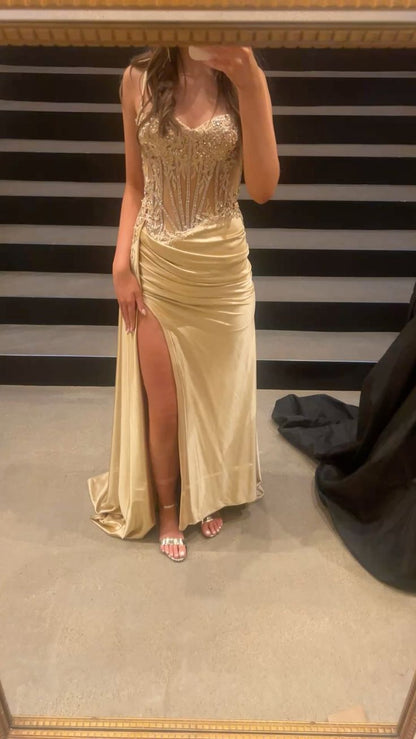 Elegant Champagne Gold Spaghetti Strap Beaded High Slit Satin Long Prom Dress Evening Dress cc5084
