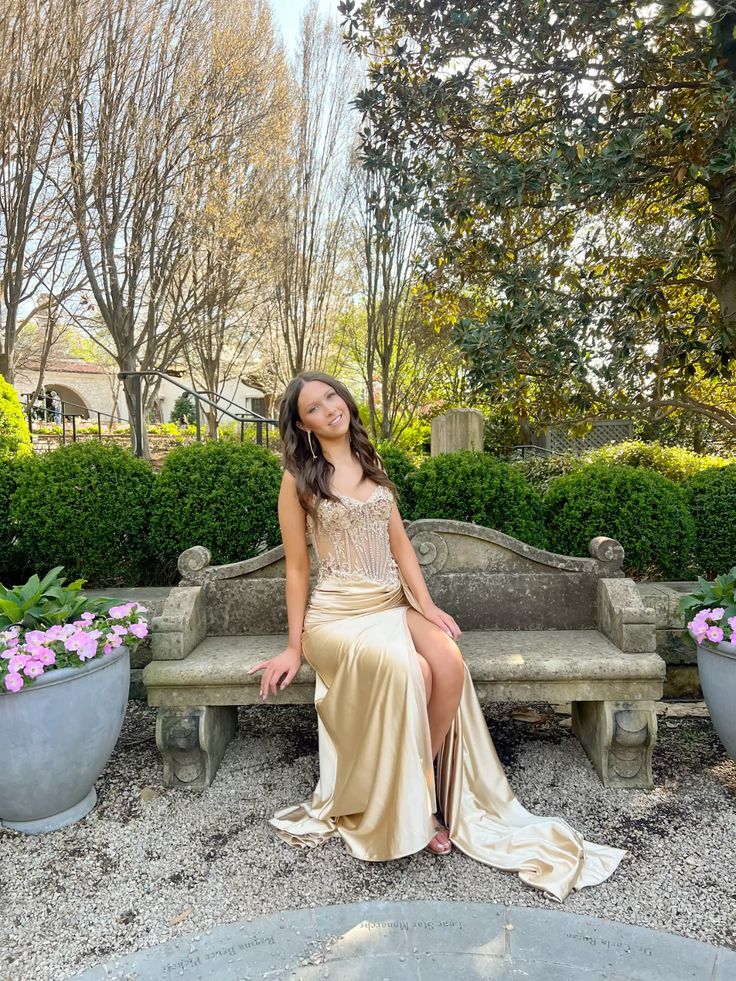 Elegant Champagne Gold Spaghetti Strap Beaded High Slit Satin Long Prom Dress Evening Dress cc5084