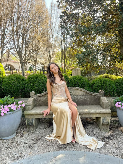 Elegant Champagne Gold Spaghetti Strap Beaded High Slit Satin Long Prom Dress Evening Dress cc5084