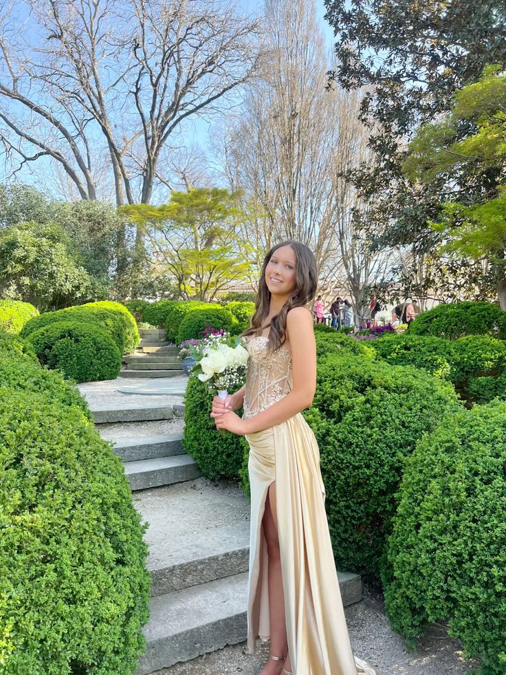 Elegant Champagne Gold Spaghetti Strap Beaded High Slit Satin Long Prom Dress Evening Dress cc5084