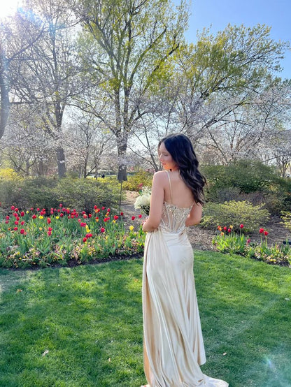 Elegant Champagne Gold Spaghetti Strap Beaded High Slit Satin Long Prom Dress Evening Dress cc5084