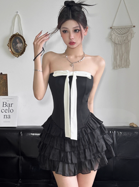 Sweet Black Tube Top Bowknot Herringbone Cake Skirt Homecoming Dress cc3687