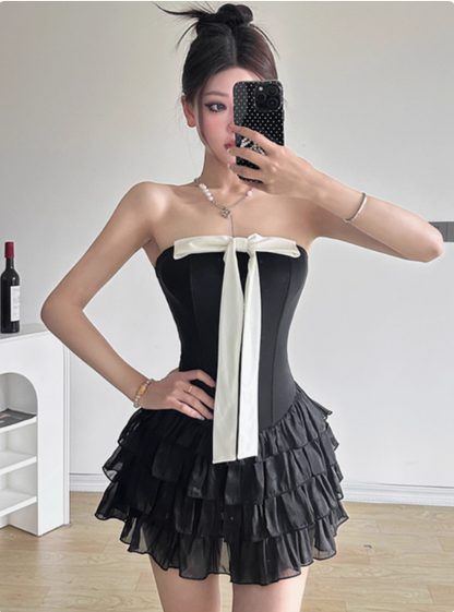 Sweet Black Tube Top Bowknot Herringbone Cake Skirt Homecoming Dress cc3687