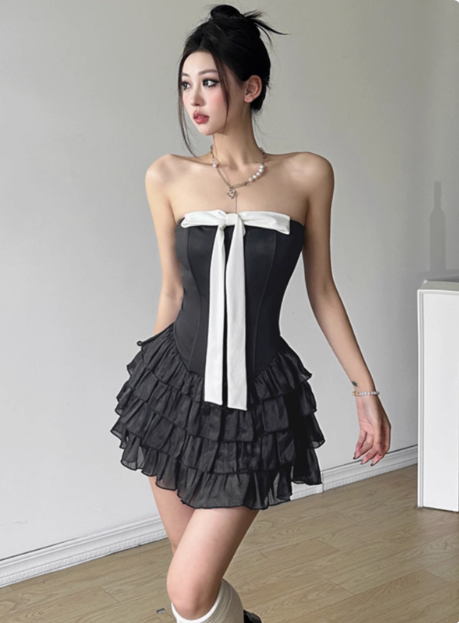Sweet Black Tube Top Bowknot Herringbone Cake Skirt Homecoming Dress cc3687