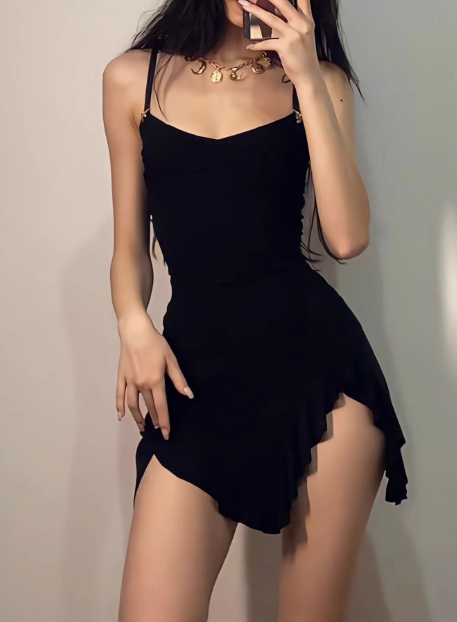 Irregular Slit Black Sling Waist Hip Birthday Short Skirt Homecoming Dress cc3689