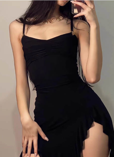 Irregular Slit Black Sling Waist Hip Birthday Short Skirt Homecoming Dress cc3689