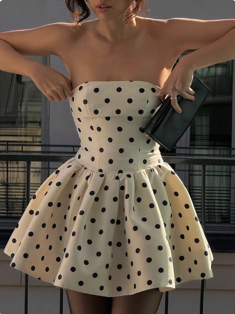 French Backless Bow Polka Dot Tube Top A-line Birthday Skirt Homecoming Dress cc3696
