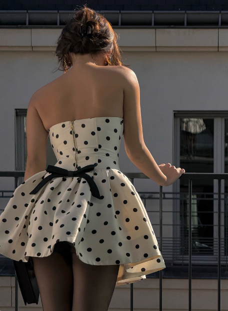 French Backless Bow Polka Dot Tube Top A-line Birthday Skirt Homecoming Dress cc3696